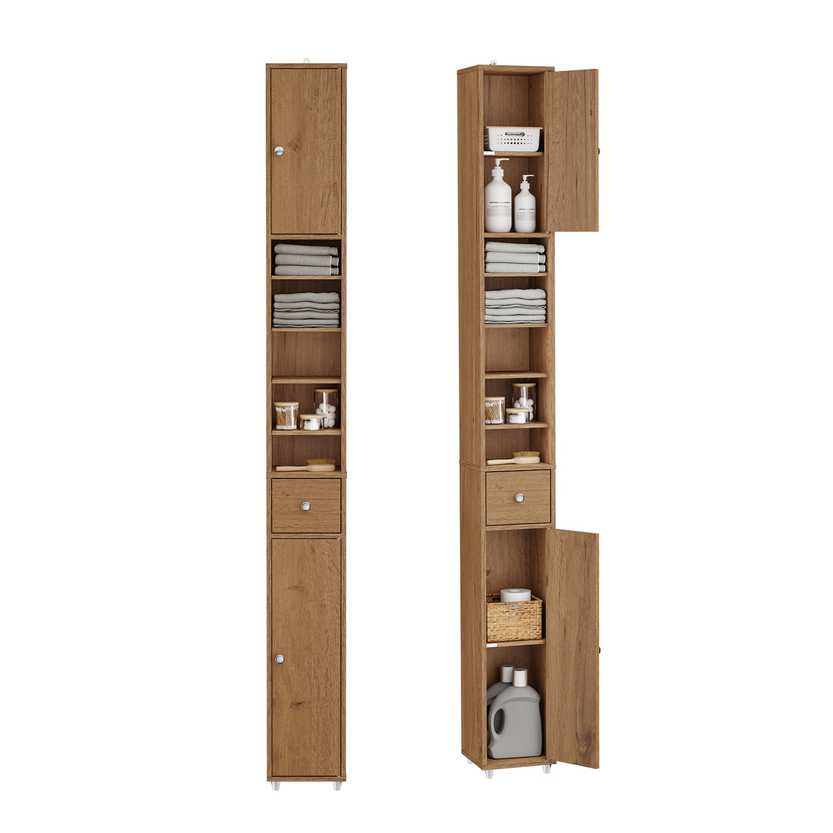 Colonna bagno con 2 armadietti, 3 ripiani aperti e cassetto bianco Colonna bagno con 2 armadietti, 3 ripiani aperti e cassetto bianco