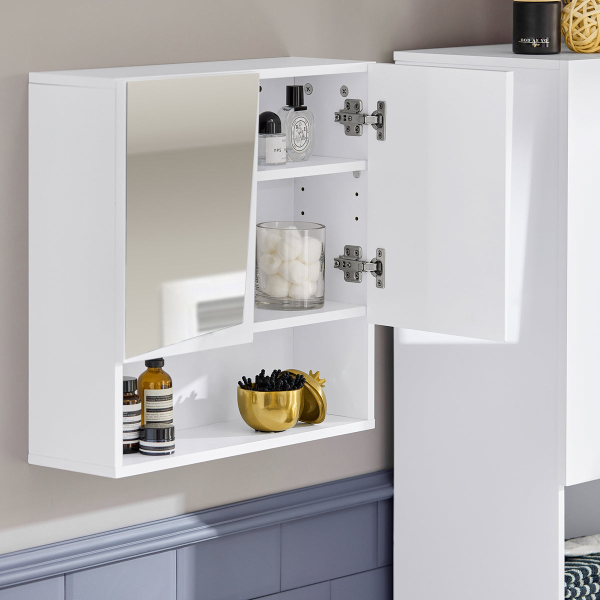 Armadietto Bagno Con Specchio SoBuy - Mobiletto Pensile Bianco Con Ante A Persiana, 65x15x49cm - Foto 4