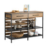 SoBuy FSB85-PF Credenza Cucina Industriale con Ripiani Aperti, 2 Cassetti e Portabottiglie - Mobiletto Salvaspazio con Piano per Microonde - Mobile da Cucina, Soggiorno o Ingresso 120x91x45cm Marrone