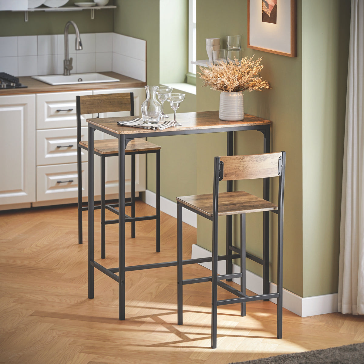 Set Tavolo E 2 Sgabelli Da Bar - Stile Vintage, 87 Cm Altezza, Ferro E MDF - Per Cucina O Balcone - Foto 3