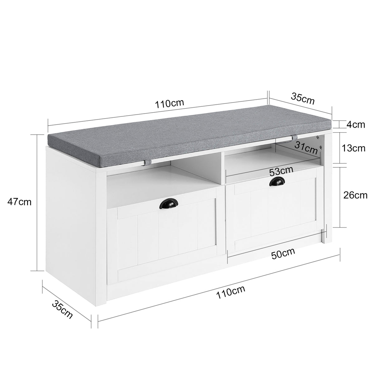 SoBuy, Panca scarpiera ingresso con seduta, Cassapanca contenitore con 2  cassetti, bianco, Carico massimo 150 kg, L110*P35*A47 cm