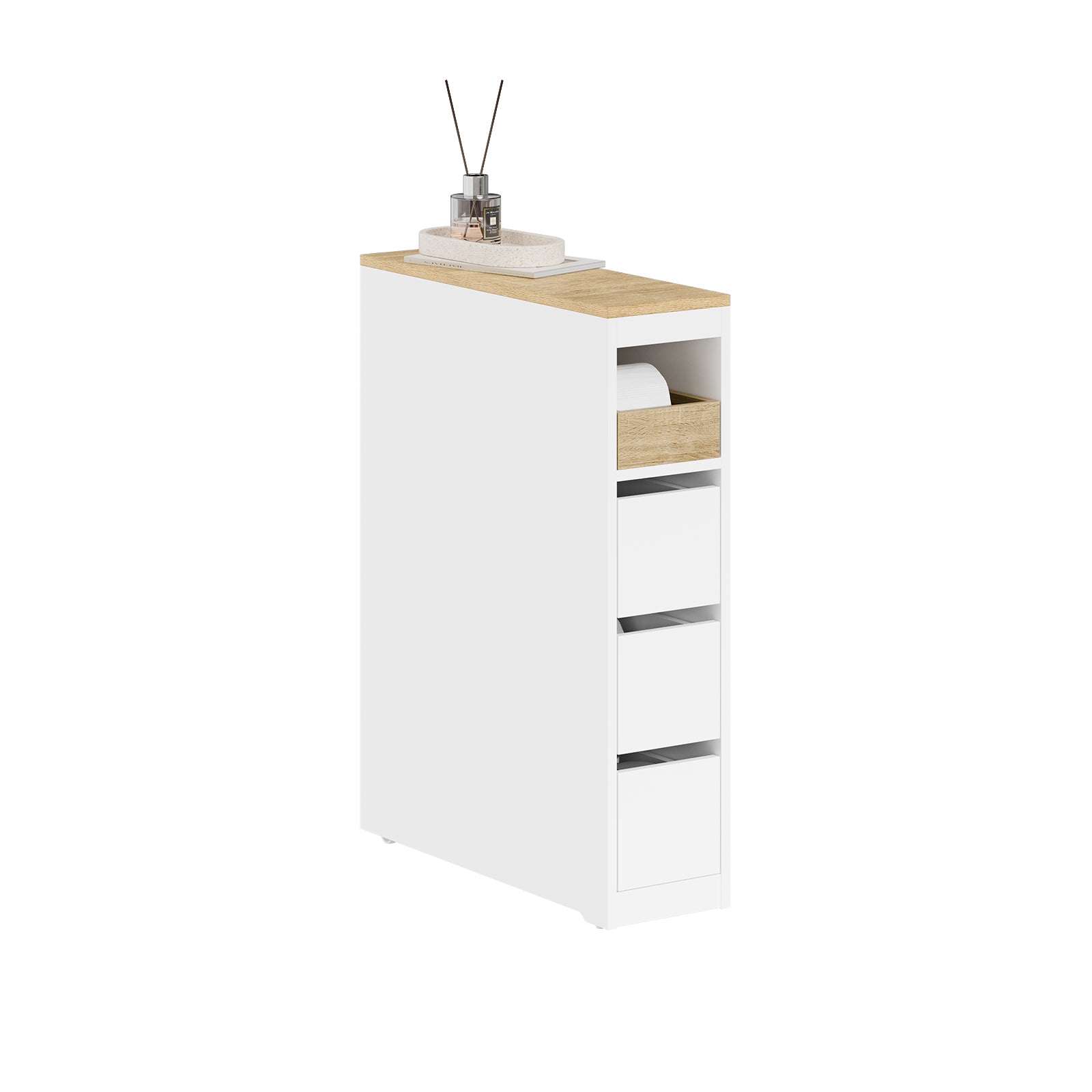SoBuy Mobile Bagno Salvaspazio, Mobiletto Da Bagno Con Cassetti, 20x55x60 Cm, Mobiletto In MDF Per Toilette, Ideale Per Carta Igienica E Prodotti Per La Pulizia, BZR48-W - 6