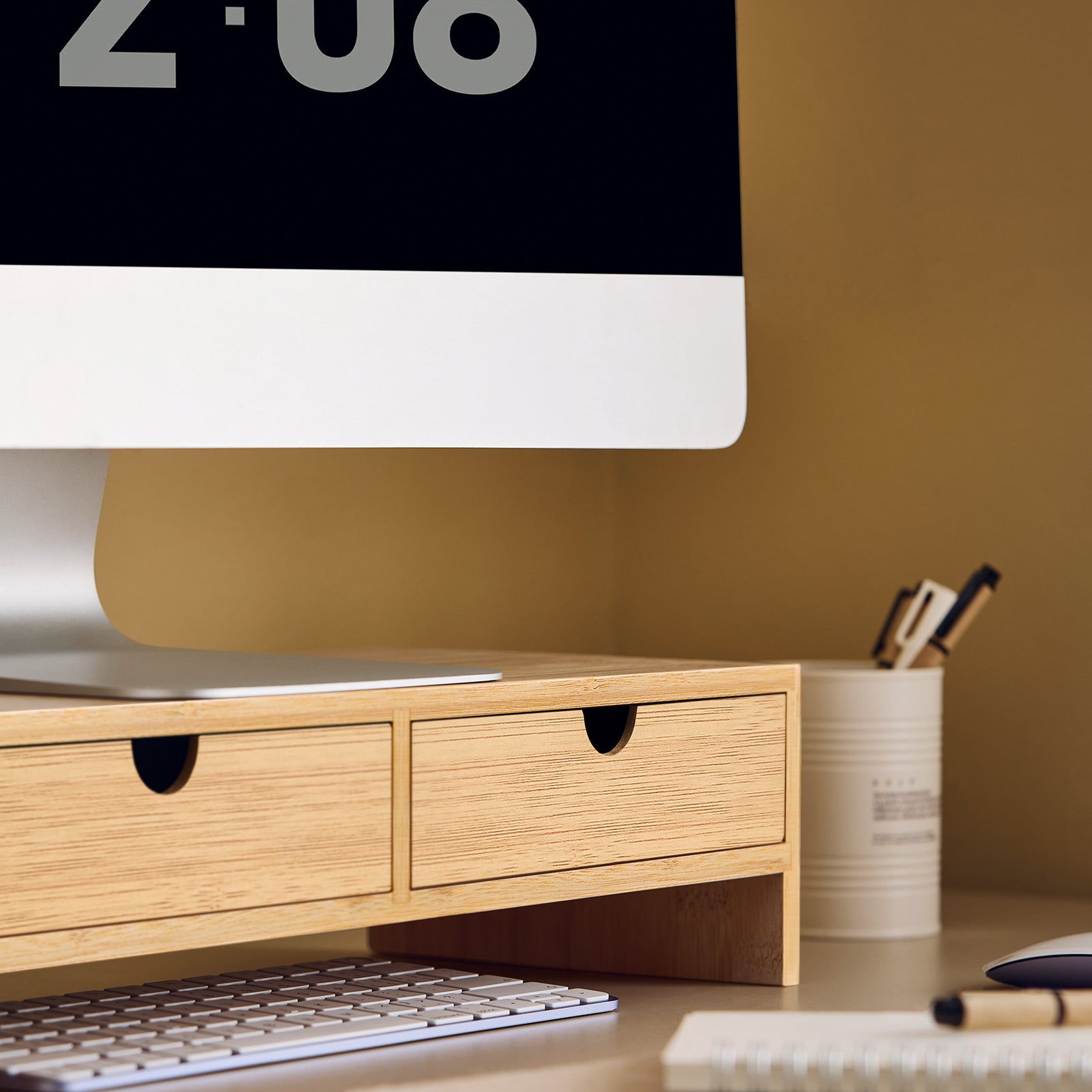 Organizer da tavolo ecologico per monor per laptop in bambù con cassetto per la configurazione della scrivania dell'home office, supporto in legno  15