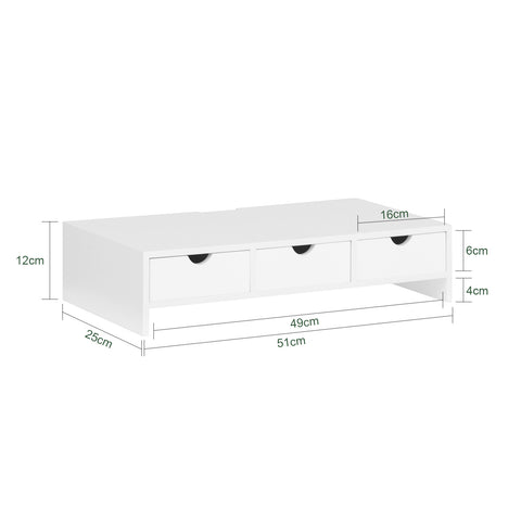 Поддръжка за монитор на Sobuy Desk с 3 организаторни чекмеджета Поддръжка за бамбуков монитор51*P25*A11.5 cm White BBF03-W