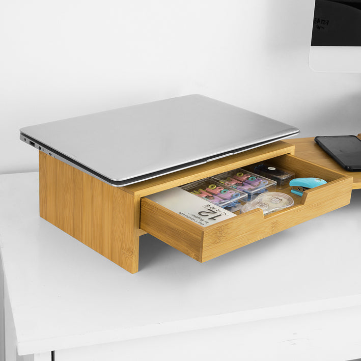 Supporto Monitor Con 2 Cassetti In Bambù - Alzaschermo Ergonomico Per Scrivania, Bianco - Foto 9