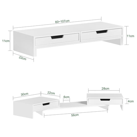 Поддръжка за монитор на Sobuy Desk за 2 въртящи се монитора на ъгъла с 2 организаторни чекмеджета Поддръжка за бял бамбуков монитор BBF04-W