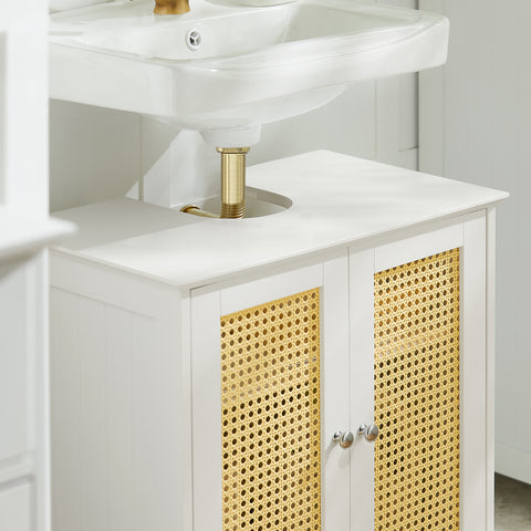 Sobuy шкаф за мивка за баня мобилен под шайба с 2 врати без бяла и естествена мивка, 60x35x58 cm, BZR72-W