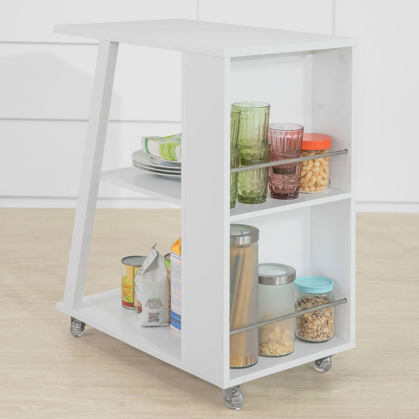 Tavolino Laterale Con Ruote SoBuy - Bianco, Vetro, Ante Scorrevoli, 75x35x61 Cm, Portata 53 Kg, Con Freno