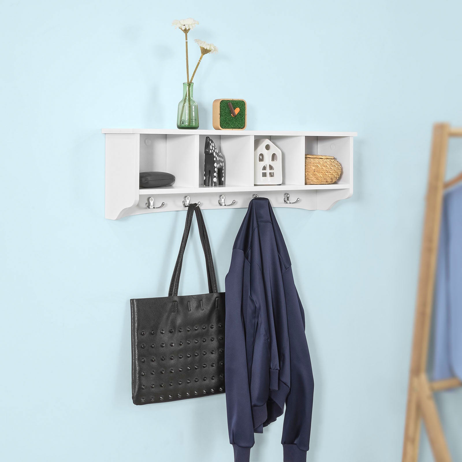 Portachiavi Da Parete Con Mensola E Appendichiavi, Bianco, L60cm