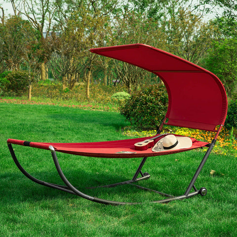 Sobuy Garden Bed с колела люлеещи се фотьойли палуби градина единично легло макс. 200 kg l97*p207 cm Red OGS44-R